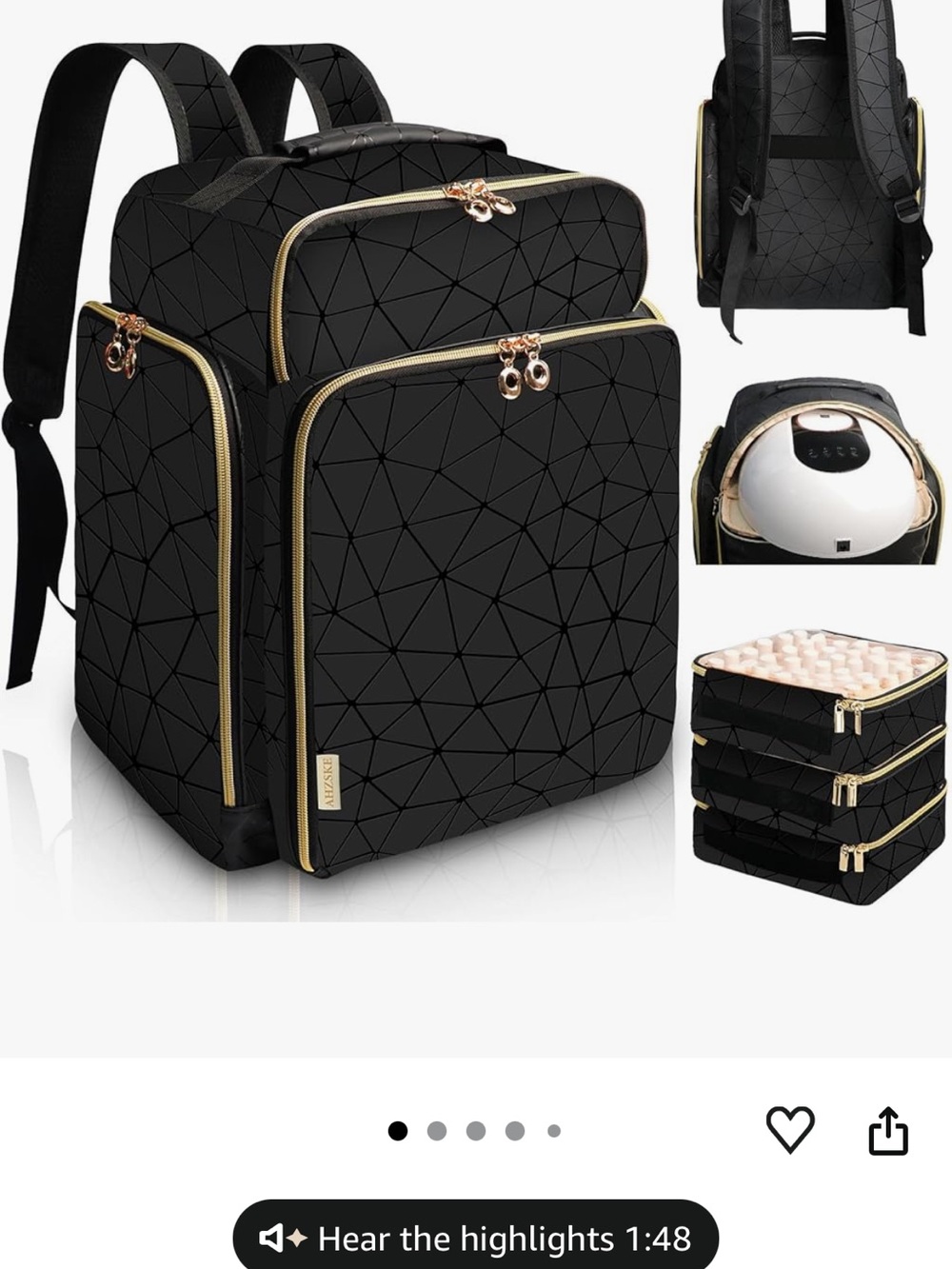 Black Insulated Backpack with Gold Zippers store nail polish perfect for travel